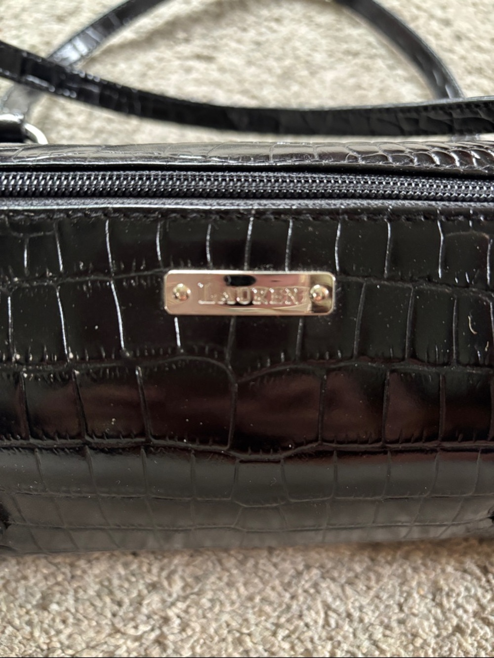 Black Lauren by Ralph Lauren Croc-Embossed Shoulder/ Satchel Bag with Zip Top